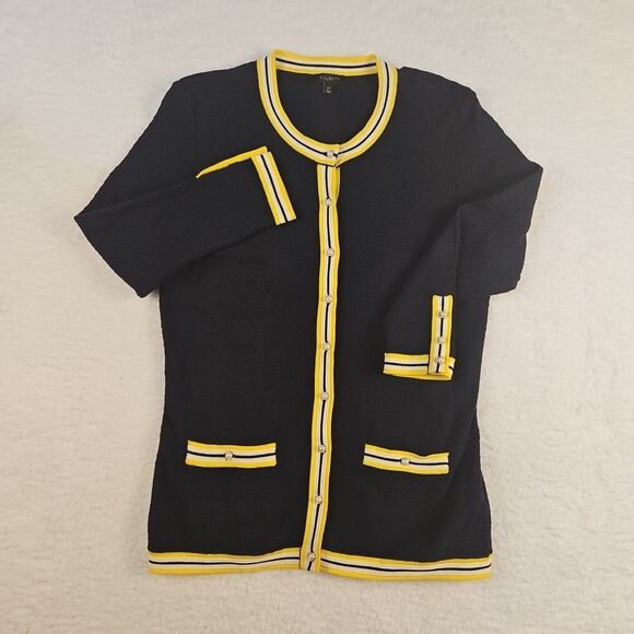 Talbots Cardigan Sweater Womens XS‎ Navy Blue Button Front Yellow White Trim - Picture 1 of 9